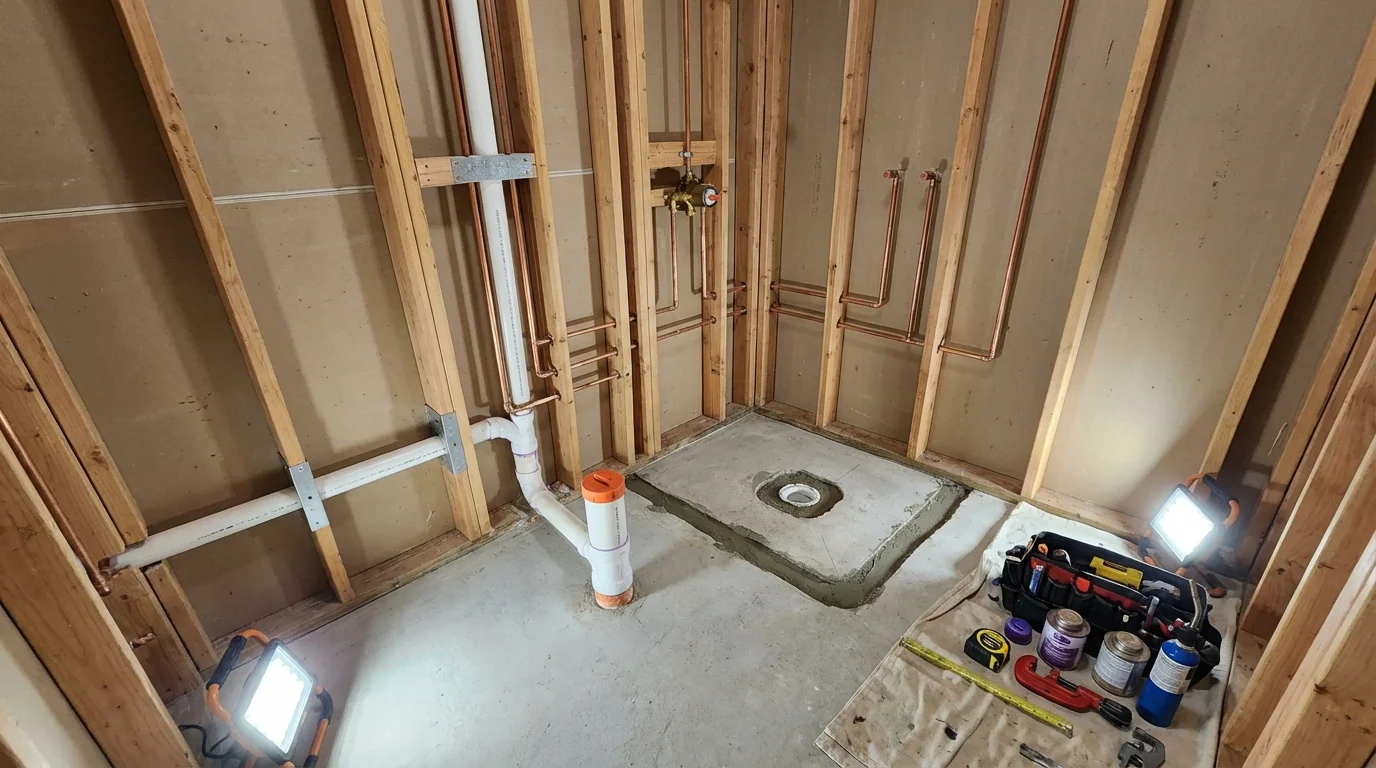 Bathroom rough-in plumbing during remodel by Johns Plumbing LLC in Ridgefield