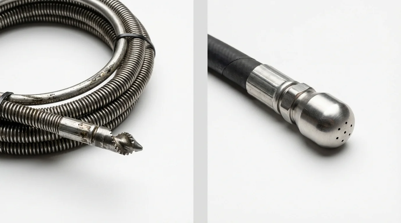 Drain snake cable and hydro jetting nozzle used for drain cleaning in Ridgefield, NJ
