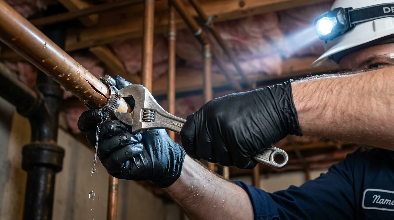 Emergency pipe clamp repair being performed by a Johns Plumbing LLC plumber in Ridgefield
