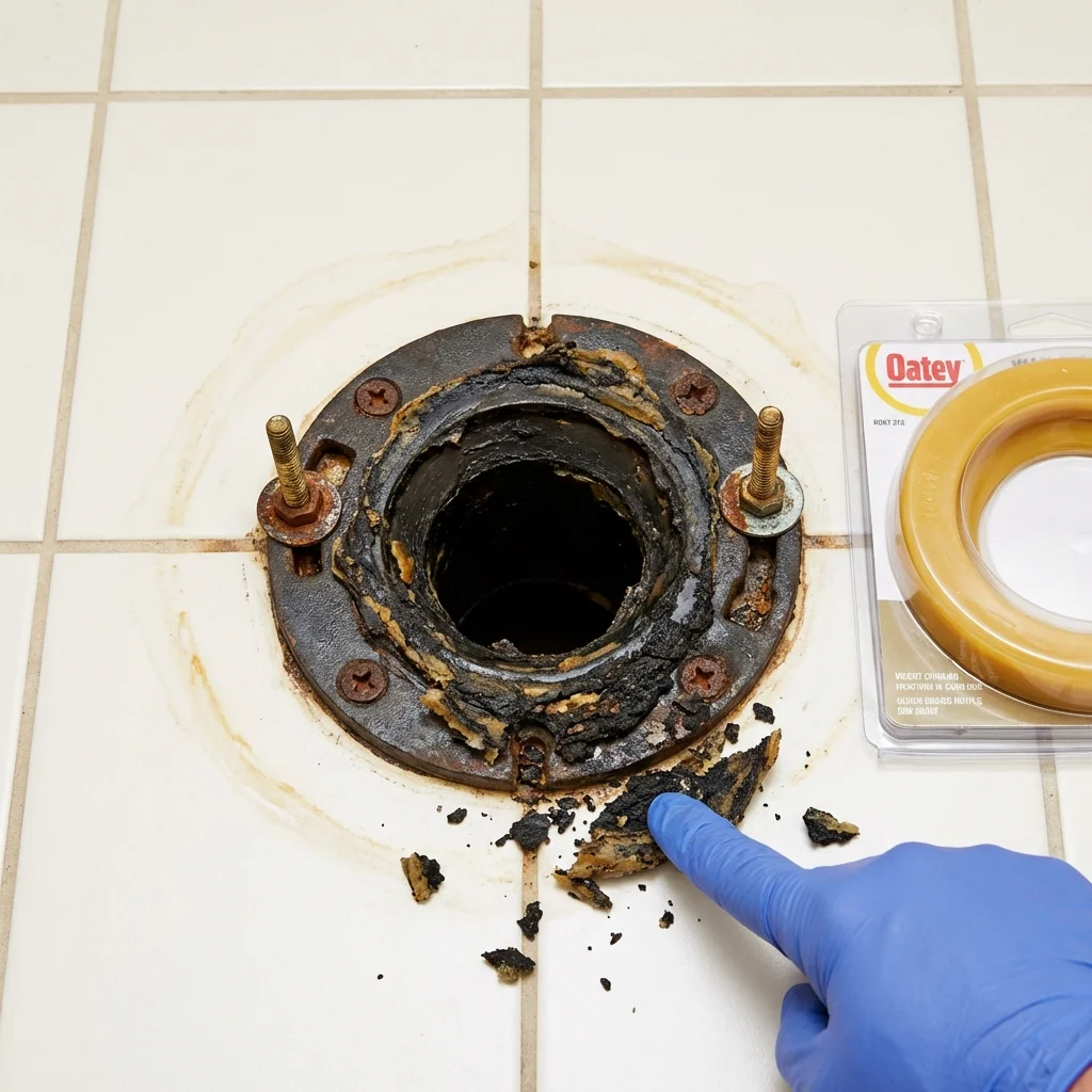 Failed wax ring showing water seepage at the base of a toilet in a Ridgefield, NJ home