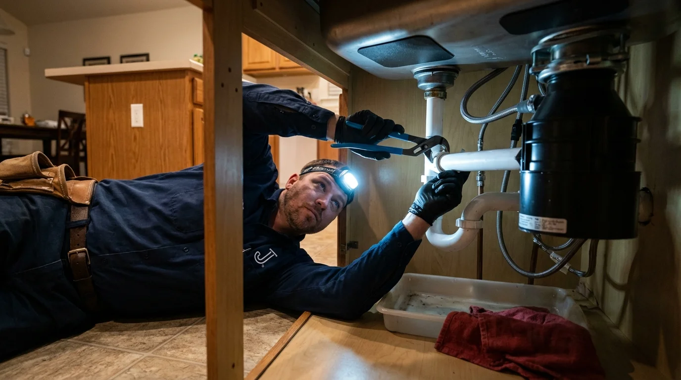 P-trap and supply line connections under a kitchen sink showing a common leak point in Ridgefield, NJ